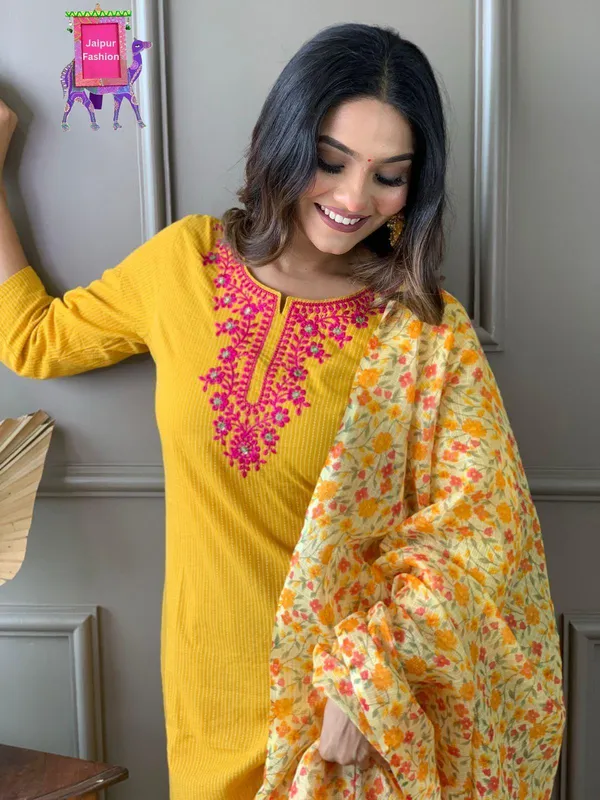 Yellow_Cotton_Kantha_Work_Embroidered_Kurta_Set_With_Kota_Silk_Dupatta_For_Women