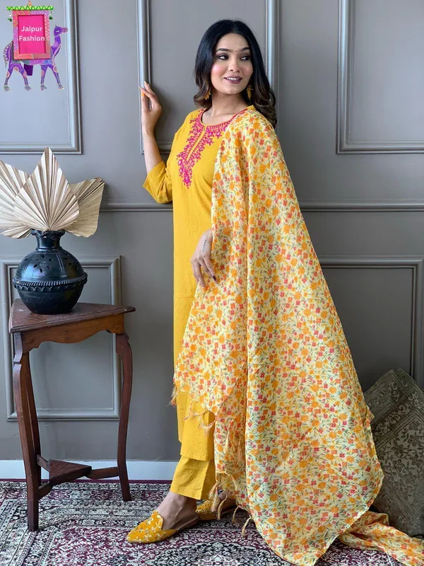Yellow_Cotton_Kantha_Work_Embroidered_Kurta_Set_With_Kota_Silk_Dupatta_For_Women