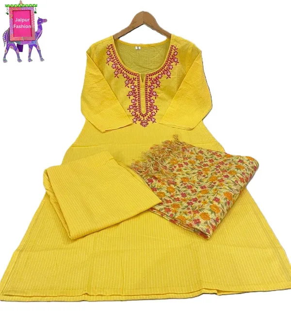 Yellow_Cotton_Kantha_Work_Embroidered_Kurta_Set_With_Kota_Silk_Dupatta_For_Women