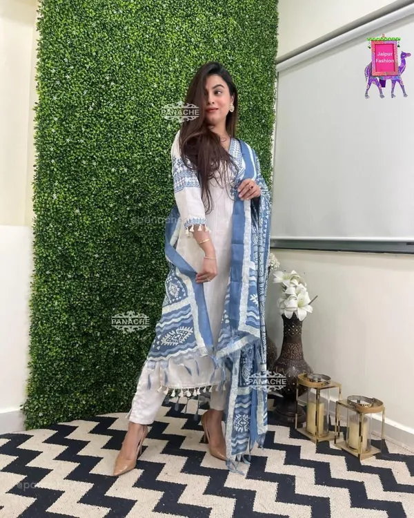 Blue_Cotton_Kantha_Work_Embroidered_Kurta_Set_With_Chanderi_Silk_Digital_Print_Dupatta_For_Women