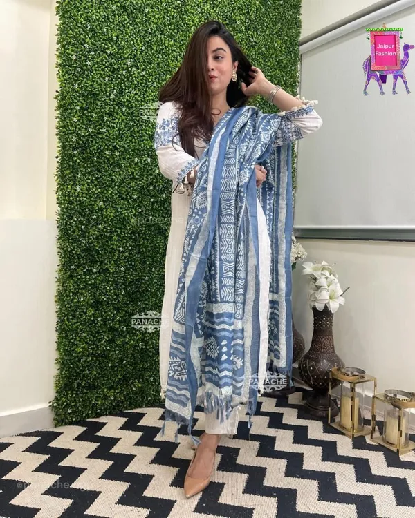 Blue_Cotton_Kantha_Work_Embroidered_Kurta_Set_With_Chanderi_Silk_Digital_Print_Dupatta_For_Women