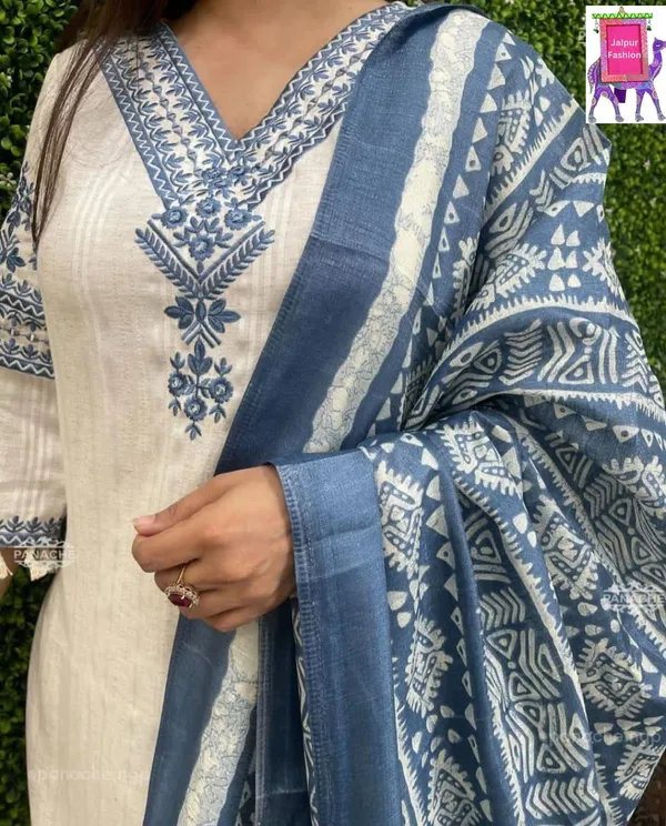Blue_Cotton_Kantha_Work_Embroidered_Kurta_Set_With_Chanderi_Silk_Digital_Print_Dupatta_For_Women