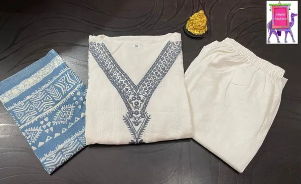 Blue_Cotton_Kantha_Work_Embroidered_Kurta_Set_With_Chanderi_Silk_Digital_Print_Dupatta_For_Women