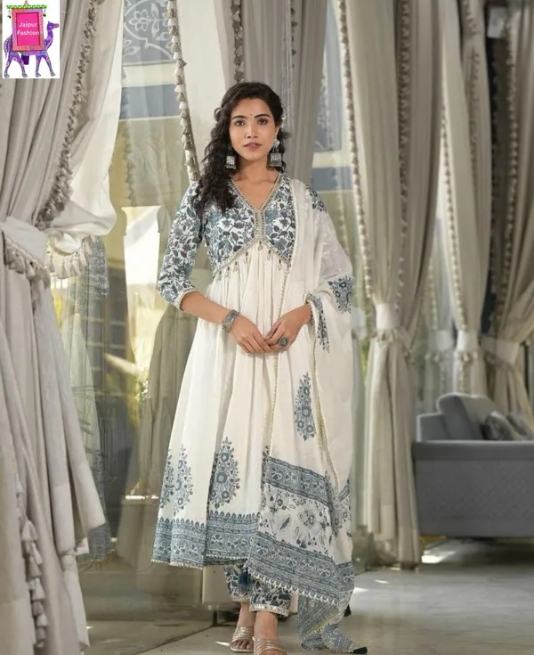 Blue_Cotton_Embroidered_Floral_Printed_Aliya_Cut_Kurta_Set_With_Shells_For_Women