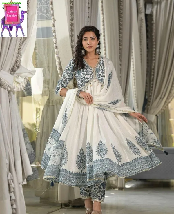 Blue_Cotton_Embroidered_Floral_Printed_Aliya_Cut_Kurta_Set_With_Shells_For_Women