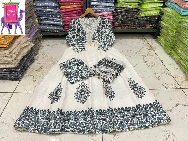Blue_Cotton_Embroidered_Floral_Printed_Aliya_Cut_Kurta_Set_With_Shells_For_Women