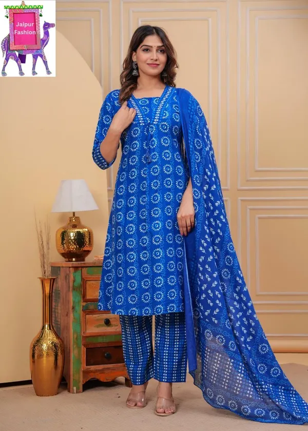 Indigo_Cotton_Printed_V_Neck_Beautiful_Jaipuri_Kurta_Set_For_Women