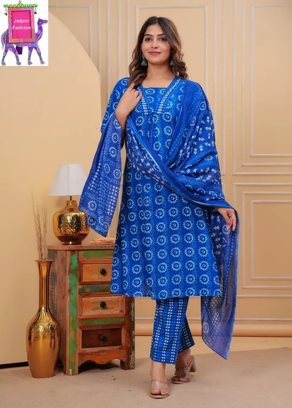 Indigo_Cotton_Printed_V_Neck_Beautiful_Jaipuri_Kurta_Set_For_Women