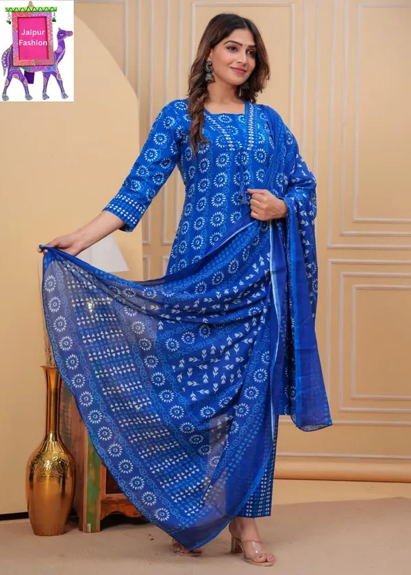 Indigo_Cotton_Printed_V_Neck_Beautiful_Jaipuri_Kurta_Set_For_Women