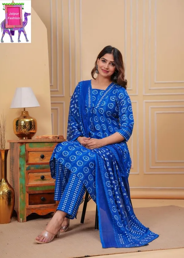 Indigo_Cotton_Printed_V_Neck_Beautiful_Jaipuri_Kurta_Set_For_Women