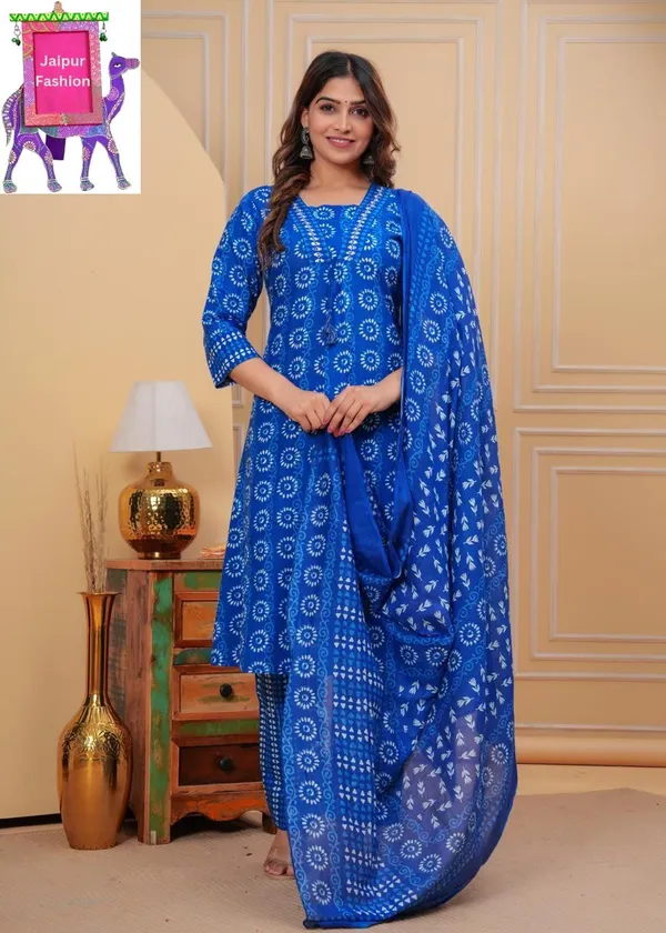Indigo_Cotton_Printed_V_Neck_Beautiful_Jaipuri_Kurta_Set_For_Women