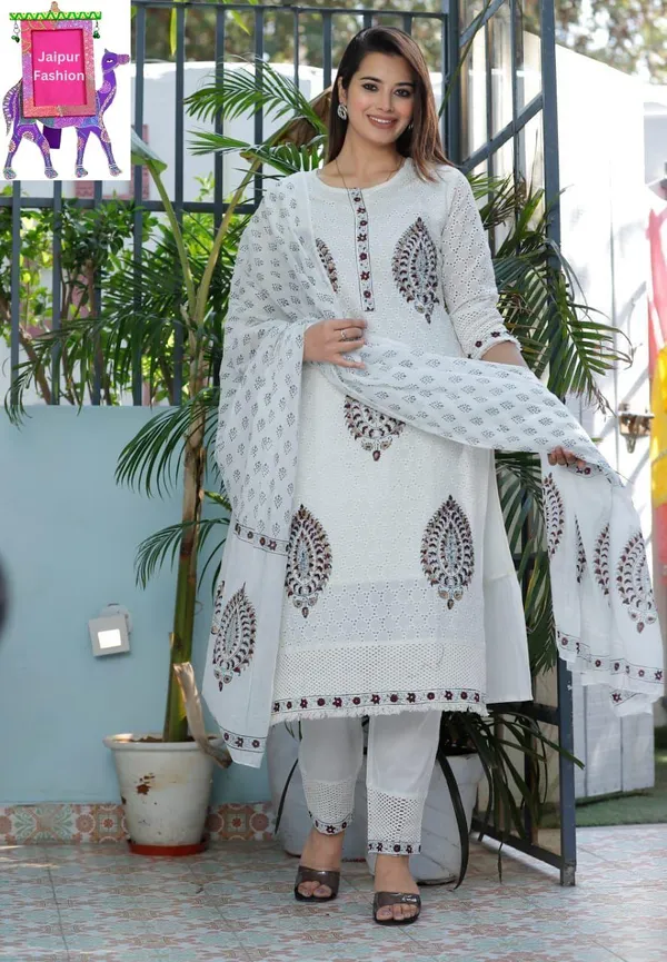 White_Schifli_Embroidered_Block_Printed_Kurta_Set_With_Cotton_Lining_For_Women