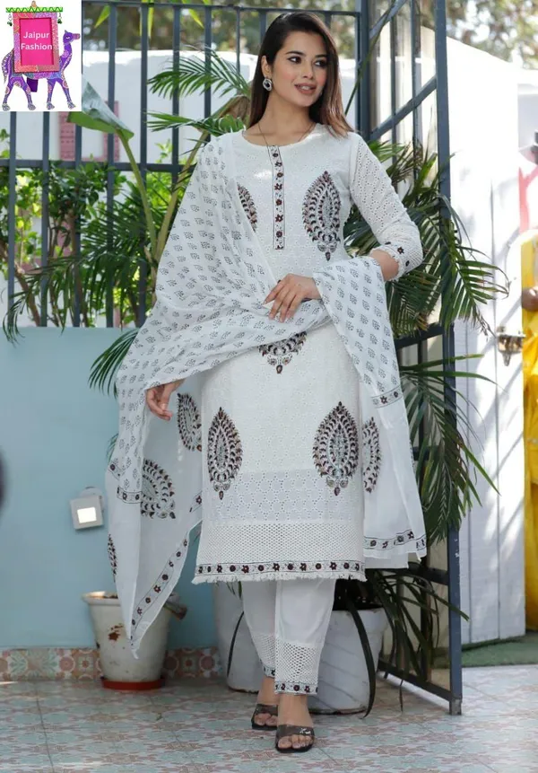 White_Schifli_Embroidered_Block_Printed_Kurta_Set_With_Cotton_Lining_For_Women