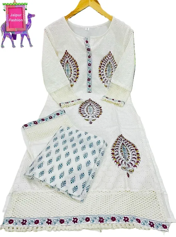 White_Schifli_Embroidered_Block_Printed_Kurta_Set_With_Cotton_Lining_For_Women