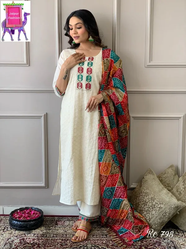 Schifli_Cotton_Embroidered_White_kurta_Set_With_Bandhej_Cotton_Silk_Dupatta