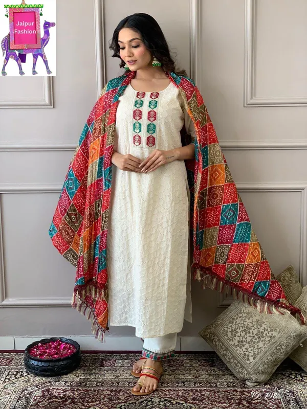 Schifli_Cotton_Embroidered_White_kurta_Set_With_Bandhej_Cotton_Silk_Dupatta
