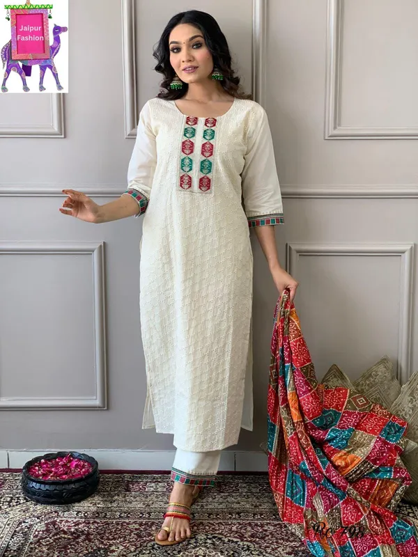 Schifli_Cotton_Embroidered_White_kurta_Set_With_Bandhej_Cotton_Silk_Dupatta