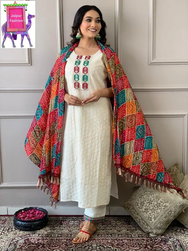Schifli_Cotton_Embroidered_White_kurta_Set_With_Bandhej_Cotton_Silk_Dupatta