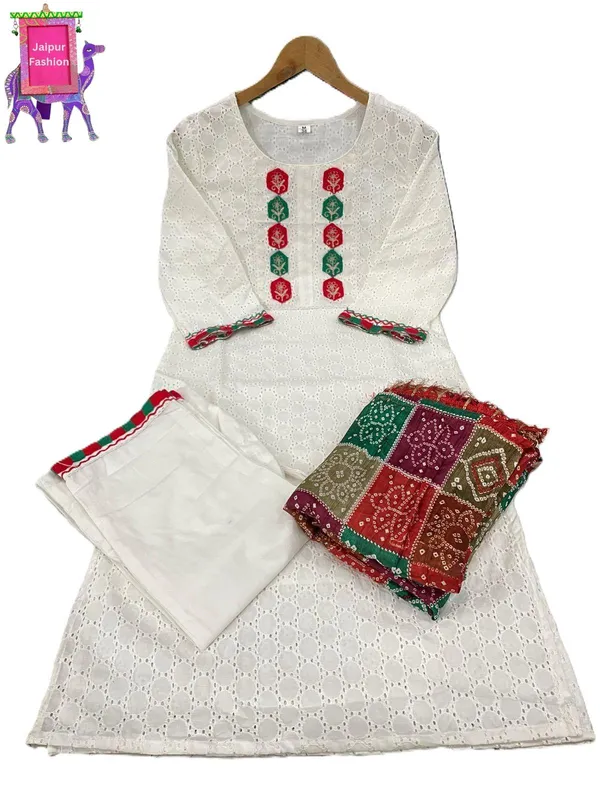 Schifli_Cotton_Embroidered_White_kurta_Set_With_Bandhej_Cotton_Silk_Dupatta