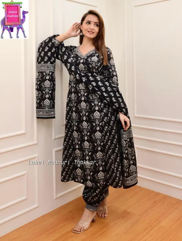 Cotton_Embroidered_Jaipuri_Black_Kurta_Afgani_Bottom_Set
