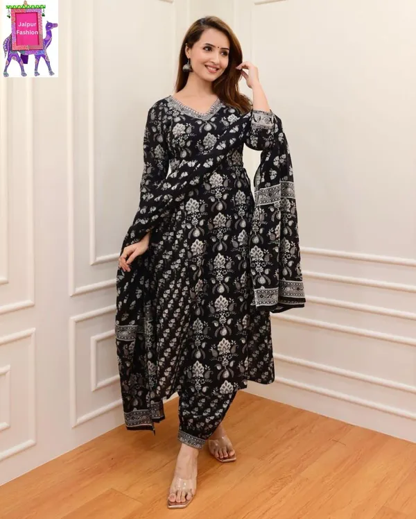 Cotton_Embroidered_Jaipuri_Black_Kurta_Afgani_Bottom_Set