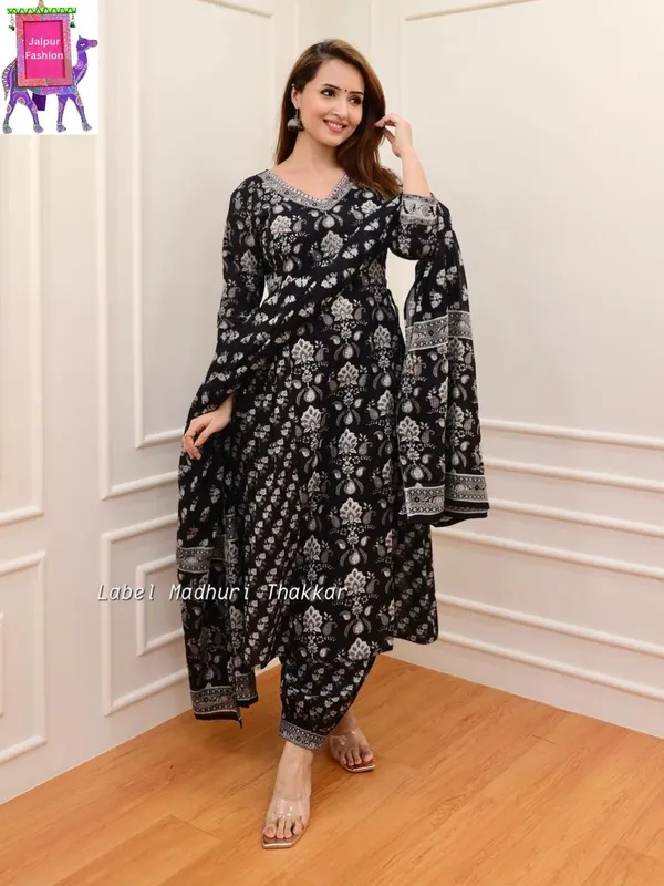 Cotton_Embroidered_Jaipuri_Black_Kurta_Afgani_Bottom_Set