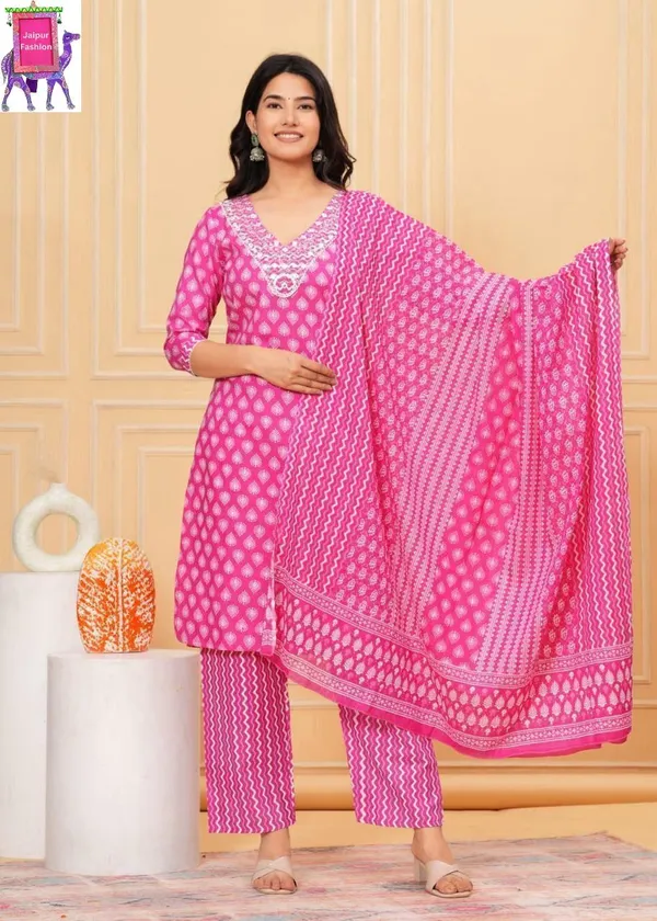 Cotton_Embroidered_Jaipuri_Pink_Printed_V_neck_Kurta_Set
