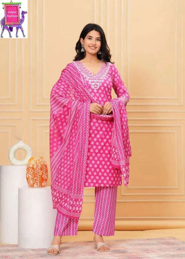 Cotton_Embroidered_Jaipuri_Pink_Printed_V_neck_Kurta_Set