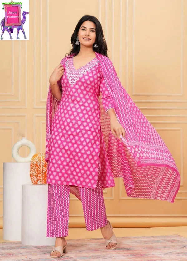Cotton_Embroidered_Jaipuri_Pink_Printed_V_neck_Kurta_Set