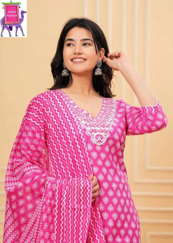 Cotton_Embroidered_Jaipuri_Pink_Printed_V_neck_Kurta_Set