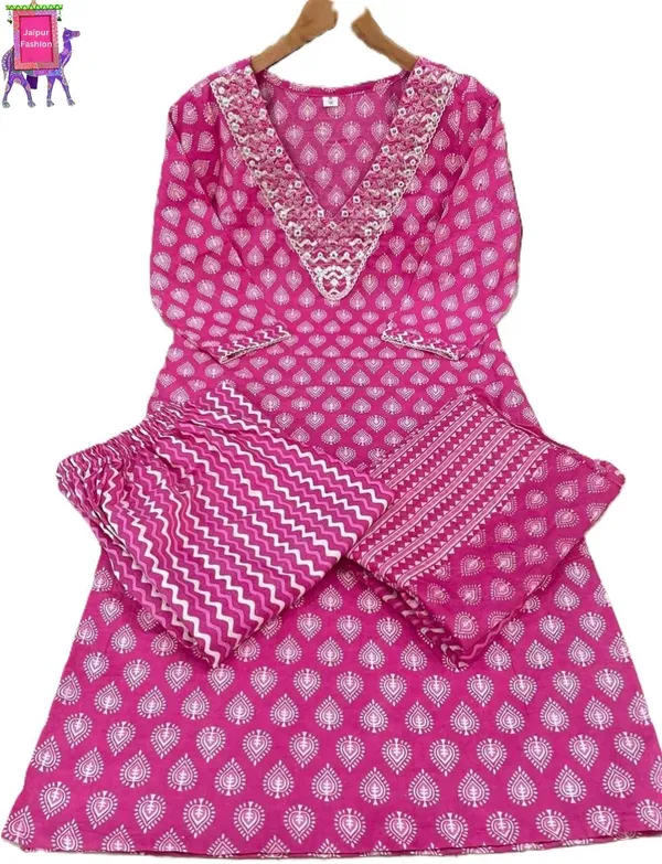 Cotton_Embroidered_Jaipuri_Pink_Printed_V_neck_Kurta_Set