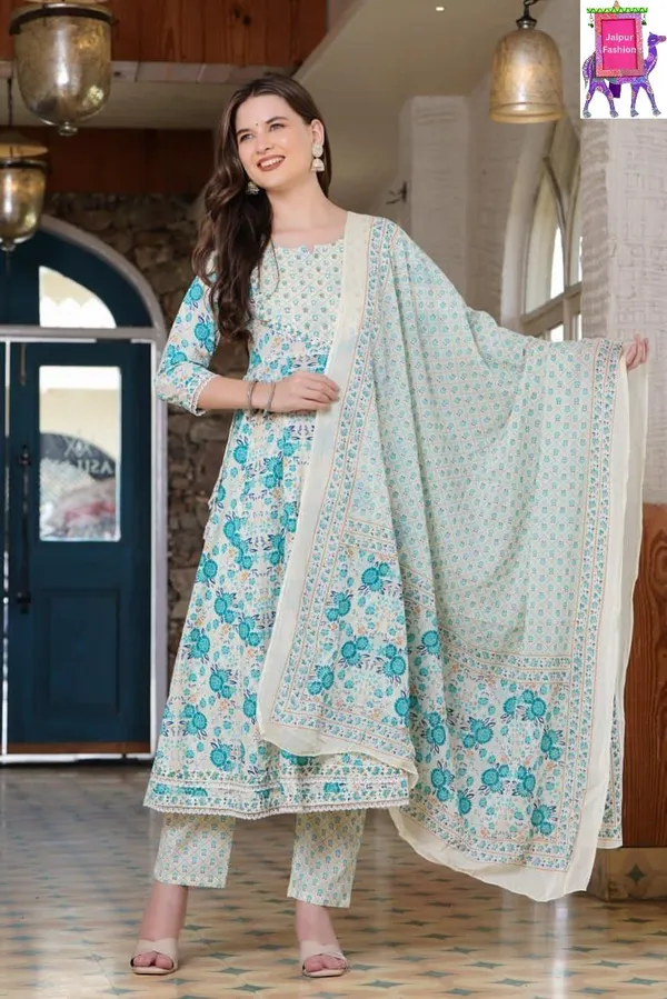 Floral_Teal_Green_Ensemble_Embroidered_Analrkali_Kurta_Set