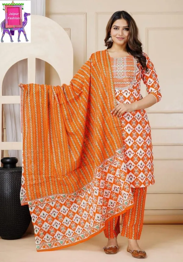Geometric_Printed_and_Sequined_Embroidered_work_Orange_Kurta_set_with_Dupatta.