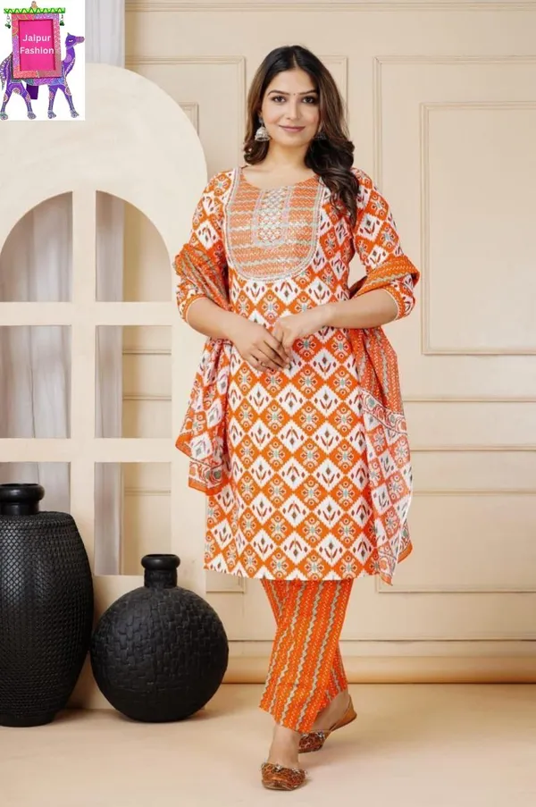 Geometric_Printed_and_Sequined_Embroidered_work_Orange_Kurta_set_with_Dupatta.