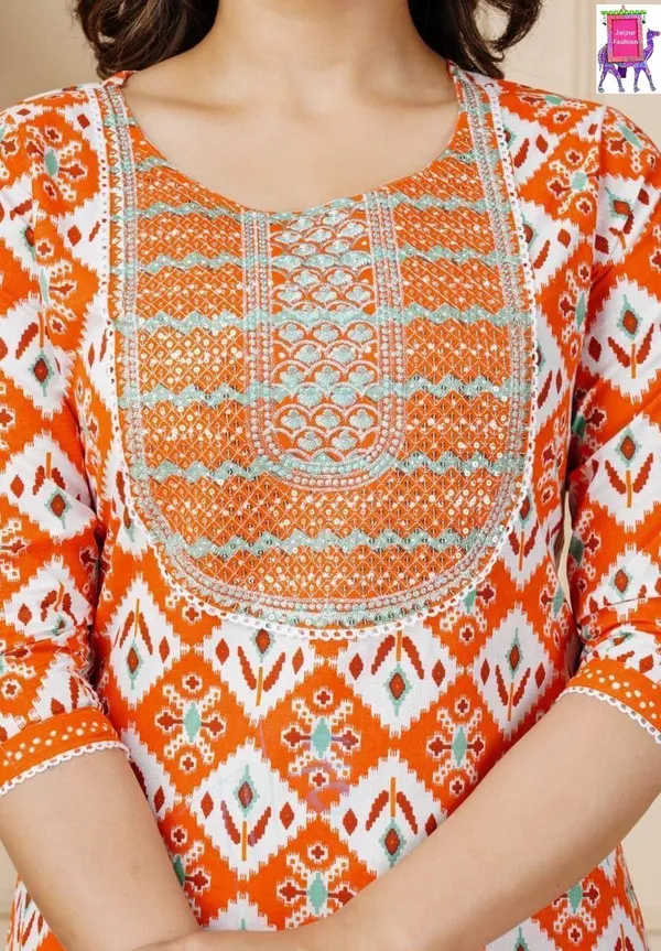 Geometric_Printed_and_Sequined_Embroidered_work_Orange_Kurta_set_with_Dupatta.
