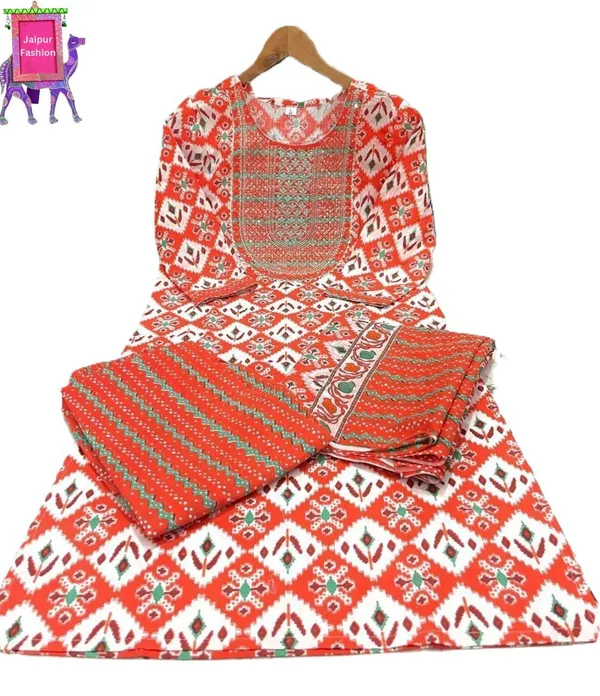 Geometric_Printed_and_Sequined_Embroidered_work_Orange_Kurta_set_with_Dupatta.