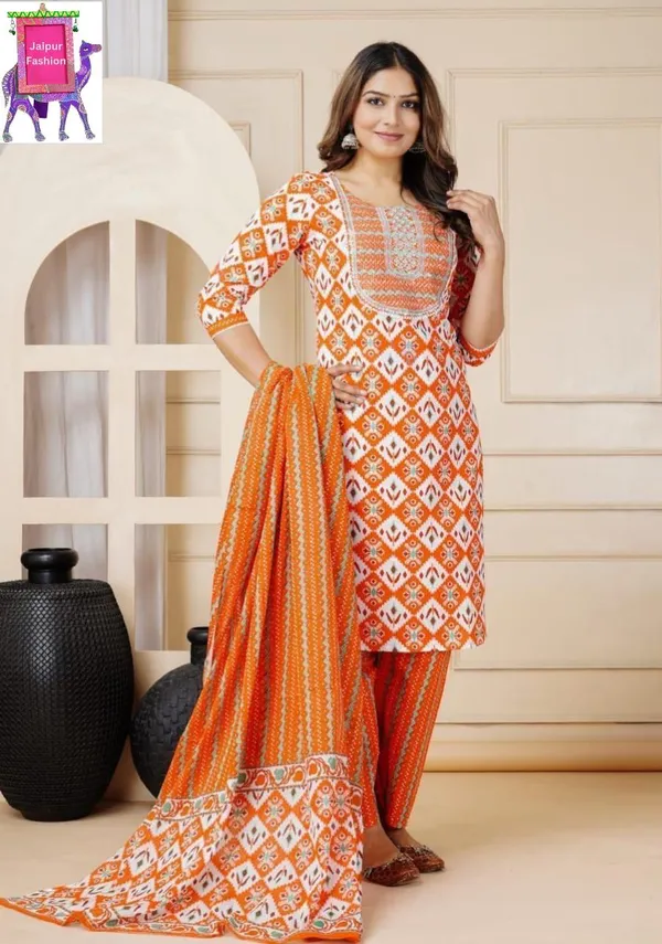 Geometric_Printed_and_Sequined_Embroidered_work_Orange_Kurta_set_with_Dupatta.