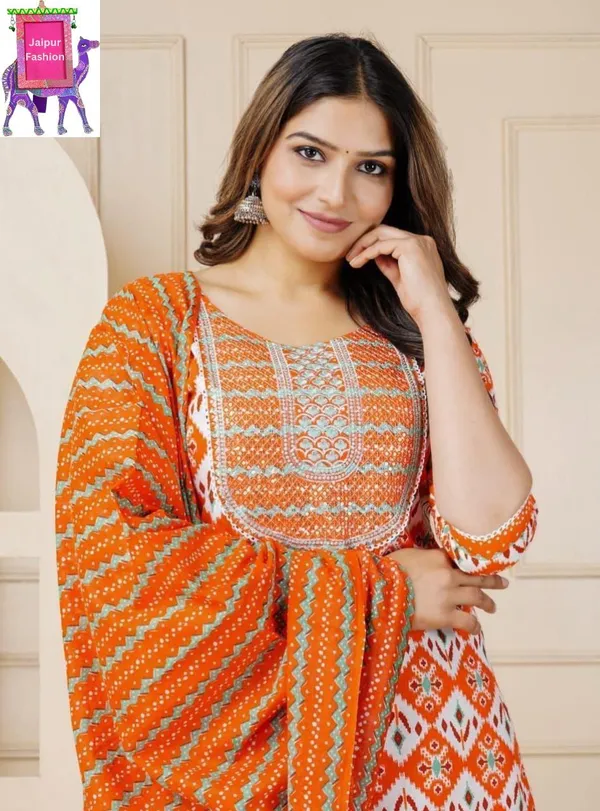 Geometric_Printed_and_Sequined_Embroidered_work_Orange_Kurta_set_with_Dupatta.