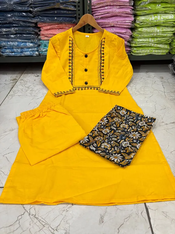 Cotton_Embroidered_Kalamkari_Yellow_Dupatta_Suit