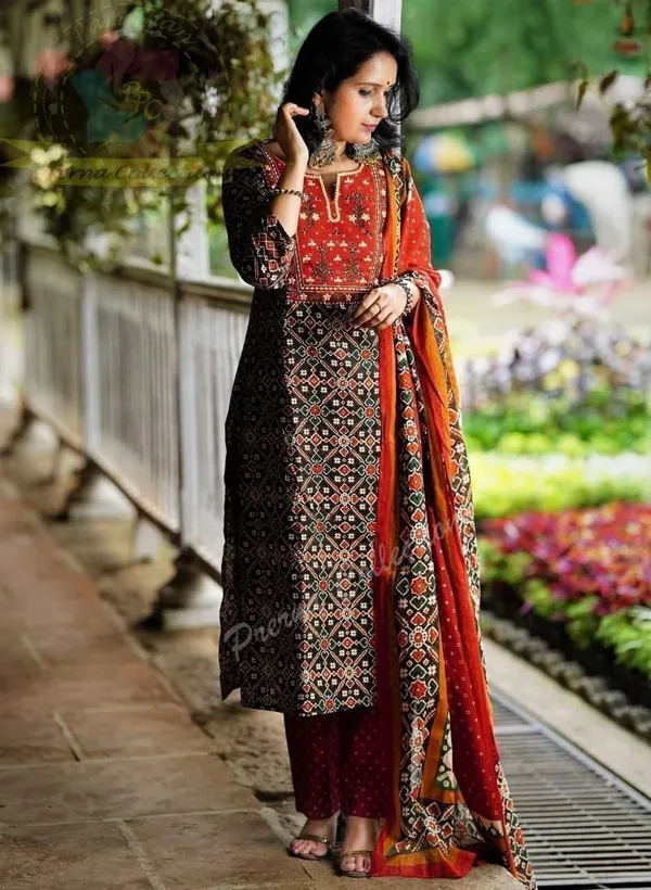 Patola_Red_contrast_yoke_block_printed_kurta_and_trouser_with_dupatta_-_Set_of_Three
