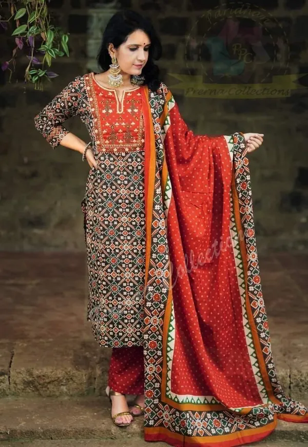 Patola_Red_contrast_yoke_block_printed_kurta_and_trouser_with_dupatta_-_Set_of_Three