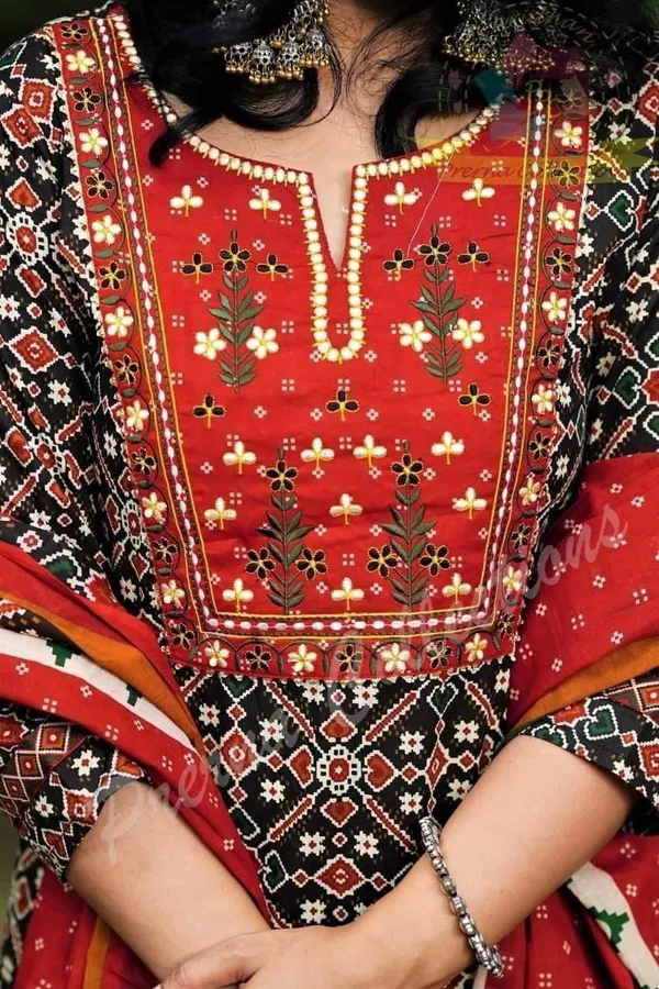 Patola_Red_contrast_yoke_block_printed_kurta_and_trouser_with_dupatta_-_Set_of_Three