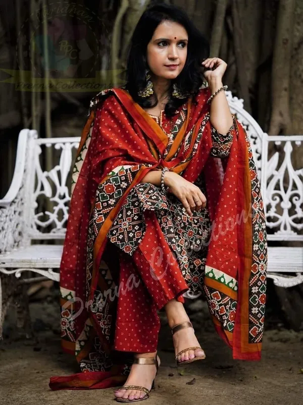 Patola_Red_contrast_yoke_block_printed_kurta_and_trouser_with_dupatta_-_Set_of_Three
