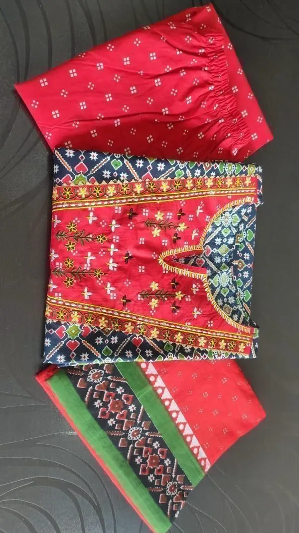 Patola_Red_contrast_yoke_block_printed_kurta_and_trouser_with_dupatta_-_Set_of_Three