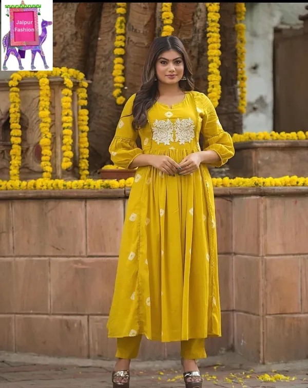 Yellow_Cotton_Embroidered_Work_Cotton_A_Line_Co-Ord_Set_For_Women
