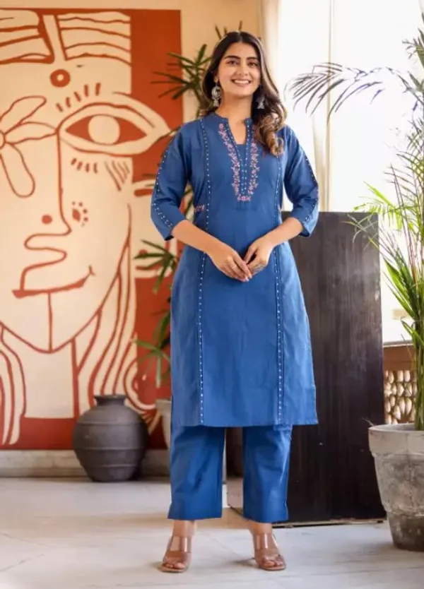 Blue_Cotton_V-Neck_Embroidered_Co-Ord_Set_For_Women