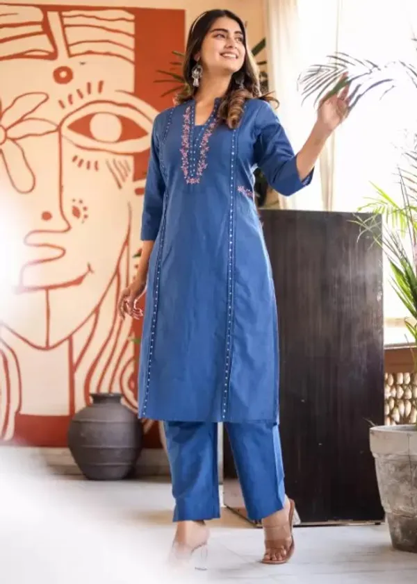 Blue_Cotton_V-Neck_Embroidered_Co-Ord_Set_For_Women