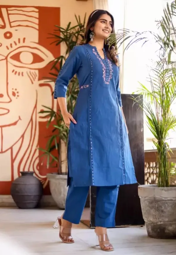 Blue_Cotton_V-Neck_Embroidered_Co-Ord_Set_For_Women