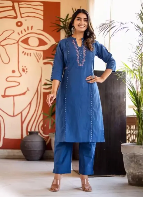 Blue_Cotton_V-Neck_Embroidered_Co-Ord_Set_For_Women