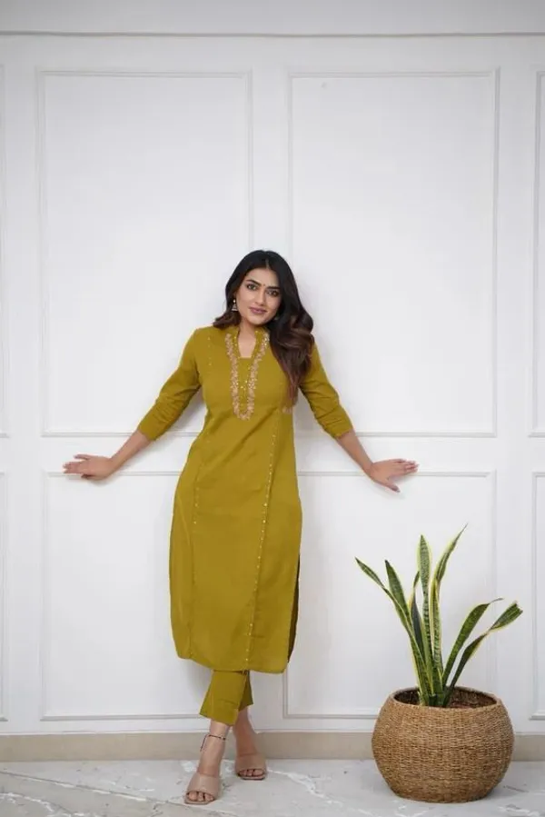 Olive_Green_Cotton_V-Neck_Embroidered_Co-Ord_Set_For_Women